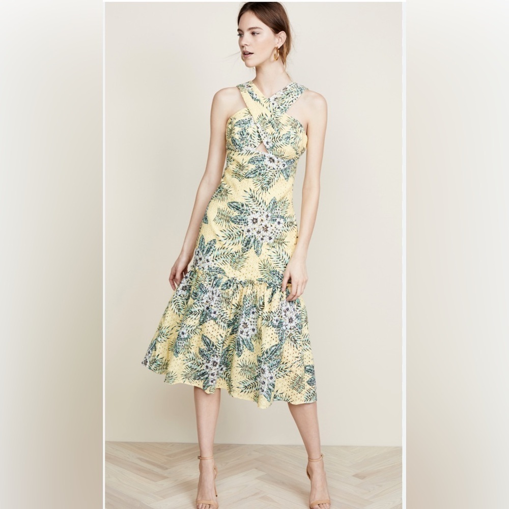 BB Dakota Yellow and Blue Pleated Halter Midi Dress